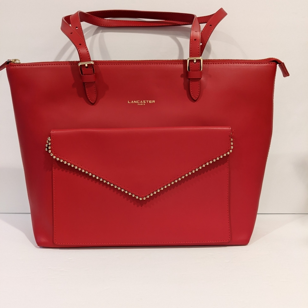 💯 Lancaster Paris Le Pliage Red Leather Tote with Gold Beads as is